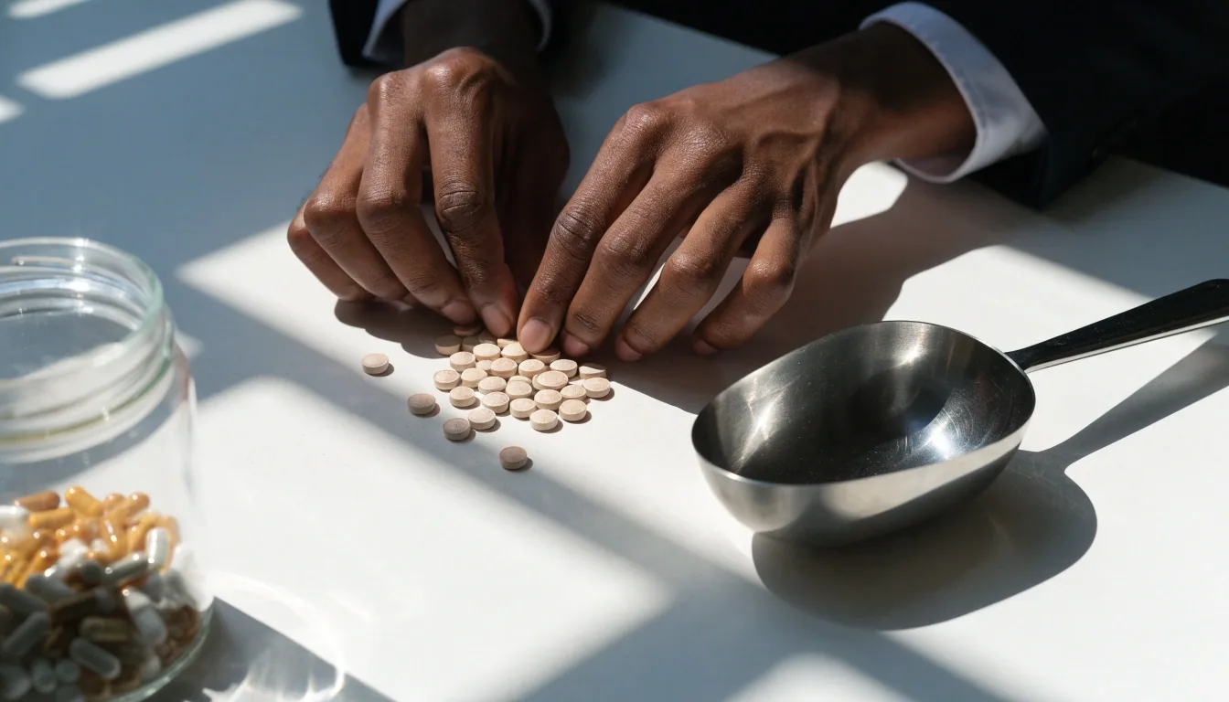 Men's daily supplement formats laid out on a white work table under hard noon light for comparison