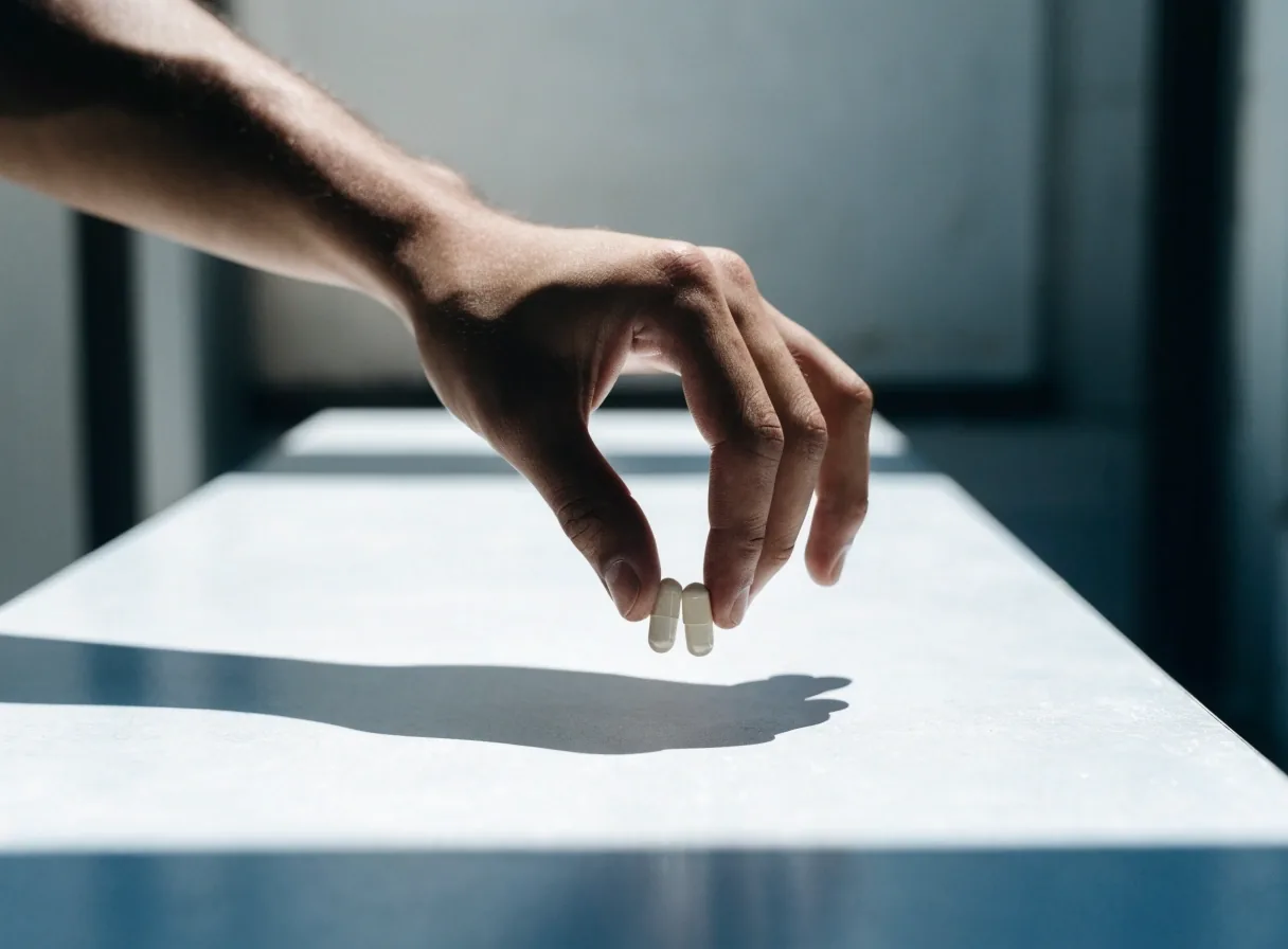 A forearm holding two plain capsules above a white table under hard noon light