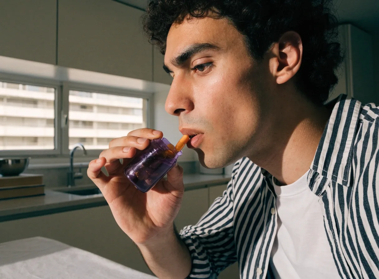 A two-piece capsule opened above a white tabletop showing its powder contents