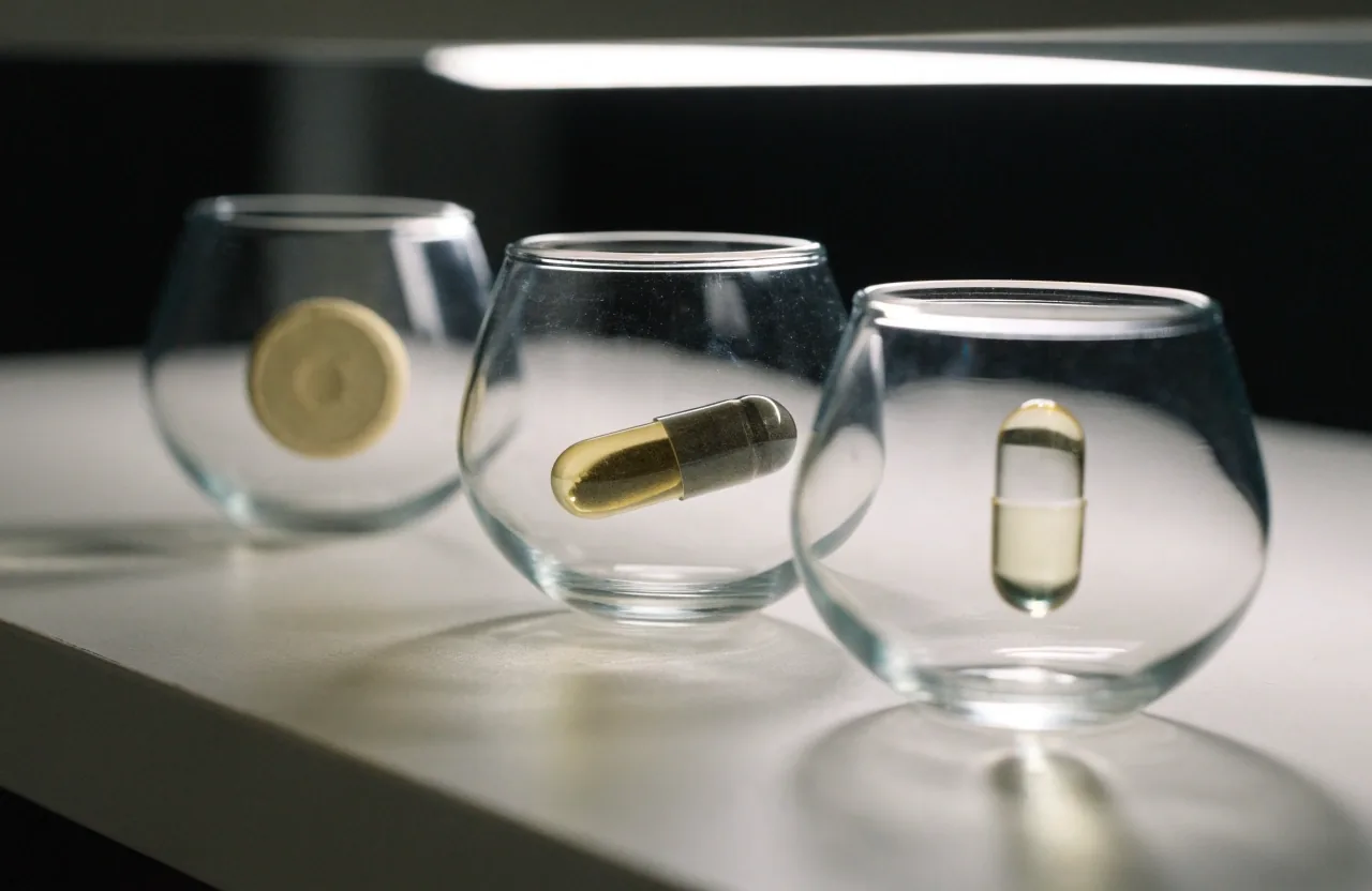 Three glass dishes on white stock, each holding a different supplement format under hard light